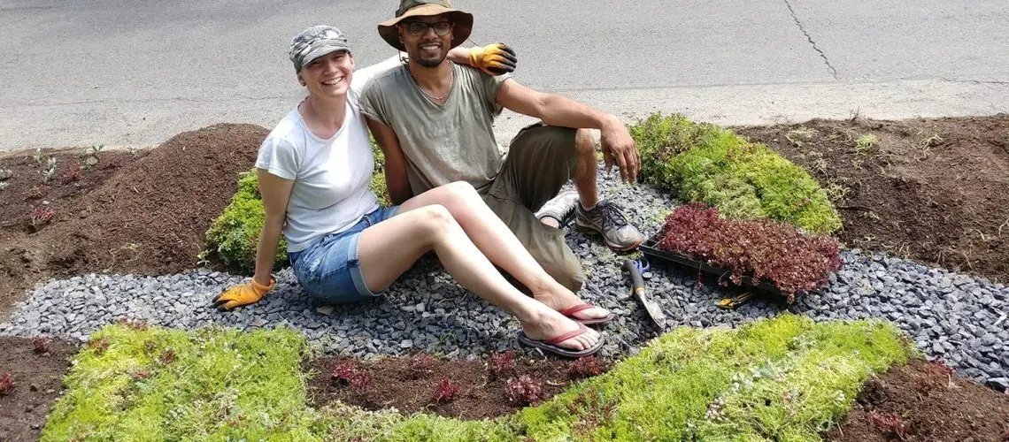 Planting the garden in front of the building